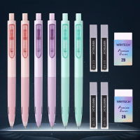 WRITECH Up set vulpotloden: 6 stuks pastelkleurige vulpotloden 0,7 mm met 4 kokers HB stiftvullingen en 2 extra gummen voor schrijven, tekenen, schetsen en technisch tekenen