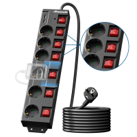 Dewenwils stekkerdoos met 6 stopcontacten, 2 USB poorten, individueel geschakeld, brede afstand tussen stopcontacten en 90° ontwerp, overbelastingsbeveiliging en kinderbeveiliging, 3680 W/16 A, 5 m kabel, zwart