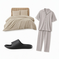 [Heren pyjamaset] Purcotton heren verkoelende zijdezachte katoenen loungewear + Meeallhome gewassen geborstelde dekbedovertrek 140*200 cm/65*65 cm*1 beige grijs + PUXI Banana Boat slide pantoffels zwart maat 42 43 unisex