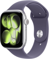 Apple Watch Series 11 GPS 46 mm zilveren aluminium kast met paarse mist sportband   S/M