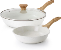 SENSARTE koekenpannen met antiaanbaklaag, witte keramische coating, omeletpannen, gezond kookgerei, kokspan, vrij van PTFE & PFAS (8+11 inch met deksel)