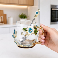 Huacan emaille gekleurd glazen kopje, lichte luxe stijl, high end theekopje, creatief koffiekopje, geschikt om cadeau te geven, waterbeker met lepel 350 ml