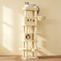 Versterkte krabpaal | 8 natuurlijke sisalpalen, dubbele kattenhuisjes & hangende hangmat, geschikt voor alle kattenrassen & huishoudens met meerdere katten, beige