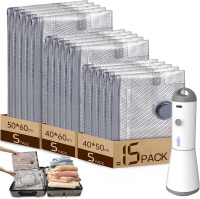 HOMOH vacuümzakken voor kleding met draadloze vacuümomp, verpakking van 15 stuks (5 x 40 x 50 cm, 5 x 40 x 60 cm, 5 x 50 x 60 cm), herbruikbare vacuümzakken voor reizen, dekbedden, verhuizen en beddengoed