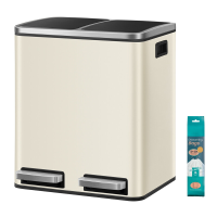 JOYFURNOS Dubbele Prullenbak met Voetpedaal, 2 x 15 L Afvalscheidingsbak met Inzetbakken, Softclose, Staal, voor Keuken, Beige en Zwart