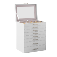 JOYFURNOS Grote 8 laags sieradendoos organizer met speciale horlogeopslag, Stapelbaar ladeontwerp met helder glazen bovenkant, 30,2 x 21,4 x 39 cm compacte verticale voetafdruk, Ideaal voor ringen, kettingen, oorbellen, armbanden, horloges, ladekast, kapt