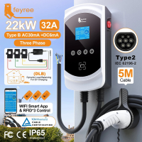 Feyree Type 2 EV oplader 32 A 22kW 3P met dynamische belastingsbalans, EVSE wandlader met slimme wifi app functie voor elektrische auto's