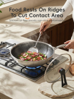 PURE COOK Antiaanbakwok | Tri Ply 304 Roestvrij Staal Honingraat | 32 cm (12,5 inch) | Glazen Deksel | PTFE Antiaanbaklaag | Koelhoudbare Handgreep | Minder Rook | Geschikt Voor Alle Warmtebronnen
