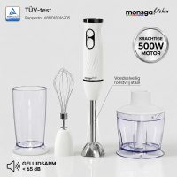 MONSGA 2 in 1 staafmixer & garde S100, ergonomische staafmixer met normale/Turbo modi, anti spatbescherming & panbescherming, 500 ml hakmolen, 500 ml maatbeker, 1,5 m kabel, vaatwasserbestendig, crèmewit