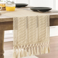 Boho tafelloper 5 stuks tafelloper en placemat, rustiek landelijk eetkamer keuken middelpunt decoratie kleine macramé geweven salontafel loper voor dressoir loper woondecoratie 12x72 inch*1, 12,5x16,5 inch*4, beige