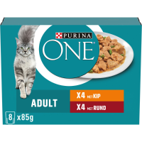 5X Purina ONE Kattenvoer Nat Fijne Malse Reepjes in Saus Kip   Rund 8 x 85 gr