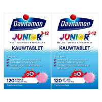 2X Davitamon Junior 3+ Kauwvitamines Framboos 120 kauwtabletten