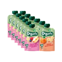 Knijpfruitpakket 12+m Haver   Havermout Abrikoos & Banaan 6x 100 gr & Havermout Appel Banaan Framboos & Bosbes 6x 100 gr   Pakket Pakket