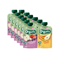 Knijpfruitpakket 6+m   Mango Peer & Granola 6x 100 gr & Appel Aardbei & Blauwe Bes 6x 100 gr   Pakket