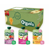 Organix Knijpfruit Maandbox 6+ mnd   Appel Aardbei & Blauwe Bes 12 x 100 gr + Peer & Framboos 12 x 100 gr + Mango Peer & Granola 6 x 100 gr Pakket