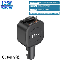IBD 125W Autolader met uitschuifbare kabel PD 65W 30W QC30W Type C USB 3 poort in 1 Snelladen voor iPhone17 Laptop Andro