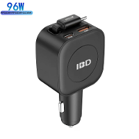 IBD 3 in 1 Multi Port 96W Autooplader met Intrekbare Kabel Snelladen Type C PD30W USB QC30W PPS33W voor iPhone Galaxy Ta