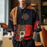 INCERUN Etnische Stijl Heren Shirt,Halflange Mouwen Staande Kraag Losse Casual Shirt Voor Mannen Daily Vakantie Streetwe