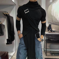 INCERUN Gedemonteerd Ontwerp Effen Kleur T shirt Mode Hoge Nek Verkorte Lange Mouwen Hoge Rek Top voor Mannen