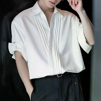 INCERUN Heren Asymmetrisch Geplooid Korte Mouw Shirt Casual Effen Kleur Kraag Top voor Mannen