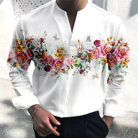 INCERUN Heren Bloemenprint V hals Langemouw Overhemd Comfortabele Losse Pasvorm Casual Witte Overhemd Strand Heren Top P