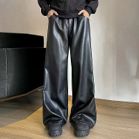 INCERUN Heren Effen Kleur Leren Wijd Pant Casual Elastische Taille Rechte Benen Broeken