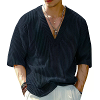 INCERUN Heren Gebreide V Hals Halve Mouw T Shirt Casual Effen Kleur Korte Mouw Heren Top