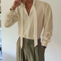 INCERUN Heren Geconstrueerde Stropdas Detail Lange Mouw Shirt Mode Effen Kleur Knop Kraag Top Shirts voor Mannen