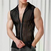 INCERUN Heren Gestreepte Doorzichtige Kraagloze Vest Comfortabele Zwarte Rits Mouwloze Tanktop voor Mannen