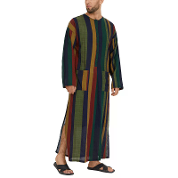 INCERUN Heren Gestreepte Knopf Langs Mouwen Lange Shirt Katoen Linnen Baggy Volledige Lengte Robe Casual Dagelijks Retro