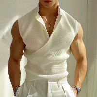 INCERUN Heren Minimalistische Effen Kleur Textured Tank Mode Lapel V hals Mouwloze Top voor Mannen