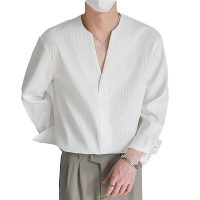 INCERUN Heren Overhemden Effen Kleur Lange Mouw Top Overhemden Zomer Casual Dagelijks V Hals Top Overhemden Herenkleding