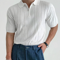 INCERUN Heren Ribgebreide Korte Ritssluiting Golfshirt Comfortabele Casual Effen Kleur Lapel Top voor Mannen S 5XL