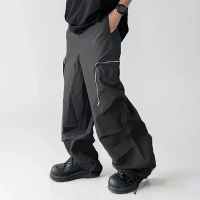 INCERUN Heren Rits Grote Zak Plooien Design Broek Brede Pijpen Casual Effen Kleur Elastische Taille Broek S 5XL