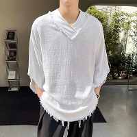 INCERUN Heren Ruwe RAND Hoge Laag Zoom T Shirt Effen Kleur Brede Halve Mouw V hals T shirt Casual Top voor Mannen S 5XL