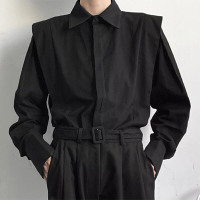 INCERUN Heren Schouder Vliegdesign Effen Kleur Casual Hemd Mode Lange Mouwen Overhemd Top Comfortabele Losse Pasvorm Top