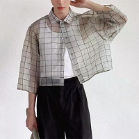 INCERUN Heren Shirt Mesh Transparent Ruit Dassen 3/4 Mouwen Korte Shirt Mode Casual Heren Kleding Losse Knop Camisas
