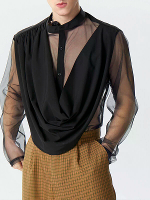 INCERUN Heren Shirt Modieuze Swing Hals Patchwork Mesh Stof Lange Mouw Shirts Zie Door Nachtclub Herenkleding