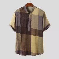 INCERUN Heren Shirt Top Retro Kleurblok Geruite Overhemden Korte Mouw Sluiting Zomer Henley Shirt Met Knopen Casual Shir