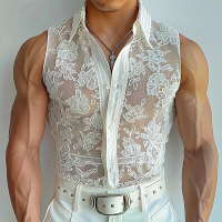 INCERUN Heren Shirts Mode Doorschijnend Bloemen Wit Kant Overhemd Revers Top Zomer Dagelijkse Mouwloze Herenkleding