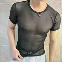 INCERUN Heren T shirt Effen Kleur Ronde Hals Korte Mouwen T shirt met Ontwerp Doorzichtige Stof, Chique Tops Geschikt vo