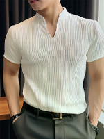 INCERUN Heren T shirts V hals Gebreid Kort Mouw Top Casual Effen Kleur Heren Shirt Comfortabele Mannen Top Kleding