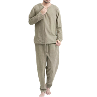 INCERUN Heren Thuis Twee delige Set Effen Kleur Katoenen Linnen Lange Mouw Top en Broek met Ritsen,Casual Herenset Plus