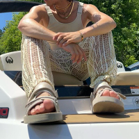 INCERUN Herenbroek Mode Losse Pasvorm Mesh Holle Strandbroeken Zomer Comfortable Beige Broek