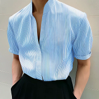 INCERUN Herenoverhemd Gestreepte Opstaande Kraag Korte Mouw Bovenkleding Zomerse Dagelijkse Casual Herenkleding Massieve