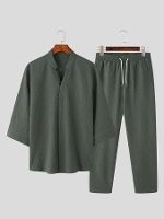 INCERUN Herensets 3/4 Kortemouw Shirt & Broek Tweedelig Set Loszittende Dagelijkse Heren Casual Pakken