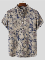 Mannen Bloemen 100% Katoenen Linnen Knoop Korte Mouw Casual Overhemden