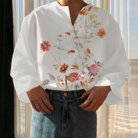 INCERUN Mannen Bloemenprint V hals Lange Mouw Shirt Comfortabele Loose Fit Top Shirt voor Mannen Plus Size,Lente Herfst