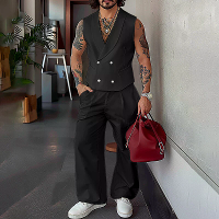 INCERUN Mannen Effen Kleur Dubbel Breasted Twee Stukken Outfit Mouwloze Blazer Vest Broek Casual Pak voor Mannen