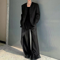 INCERUN Mannen Effen Kleur Lange Mouw Twee Delige Outfit Kraagloze Blazer & Casual Broek Mannen's Mode Set
